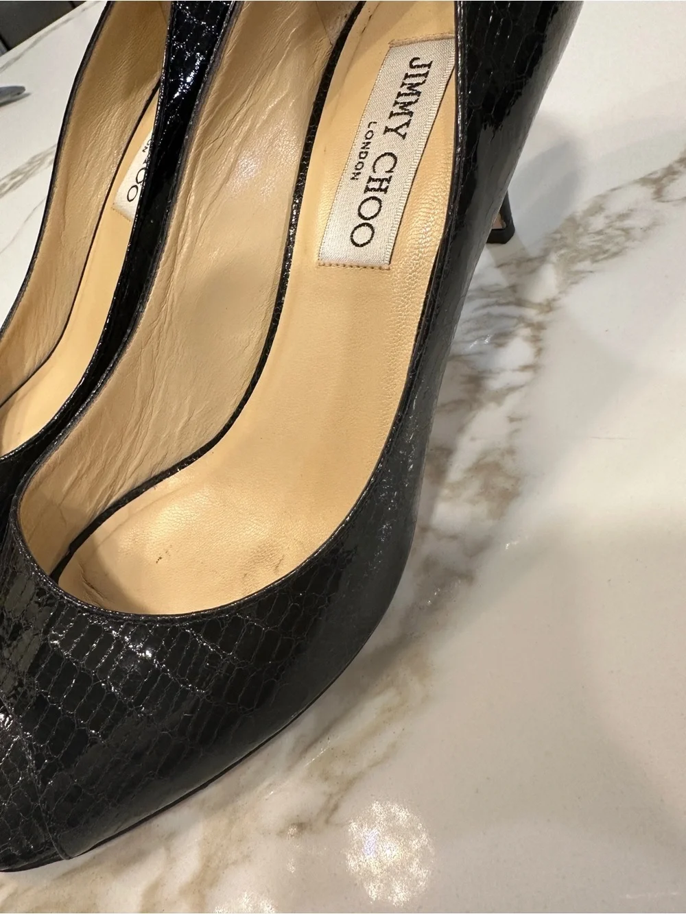 Jimmy Choo Black Patent Croc Peep Toe Pumps - Classic Heel